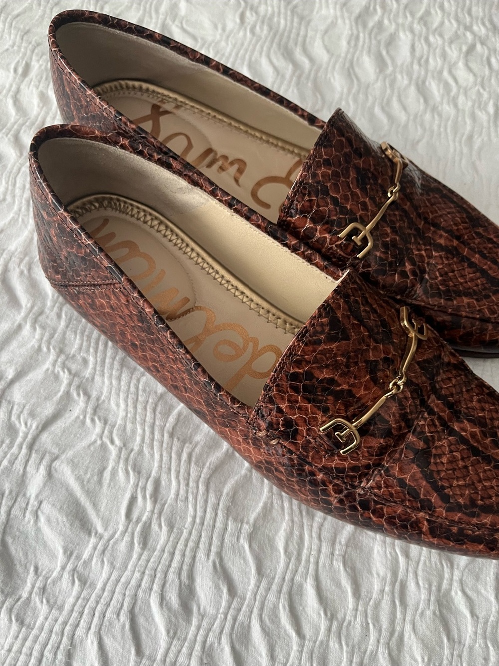 Sam Edelman Brown leather Snake-Print Loafers with Gold Hardware 9